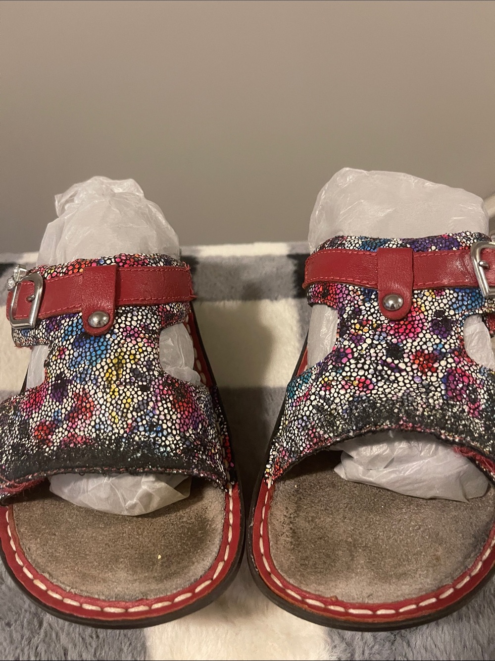Alegria Kids Multicolor Pebble-Print Sandals with Red Trim